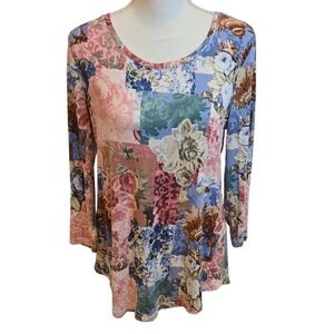 JM Collection Patchwork Floral Print Long Sleeve Top Shirt Tunic‎ - Medium